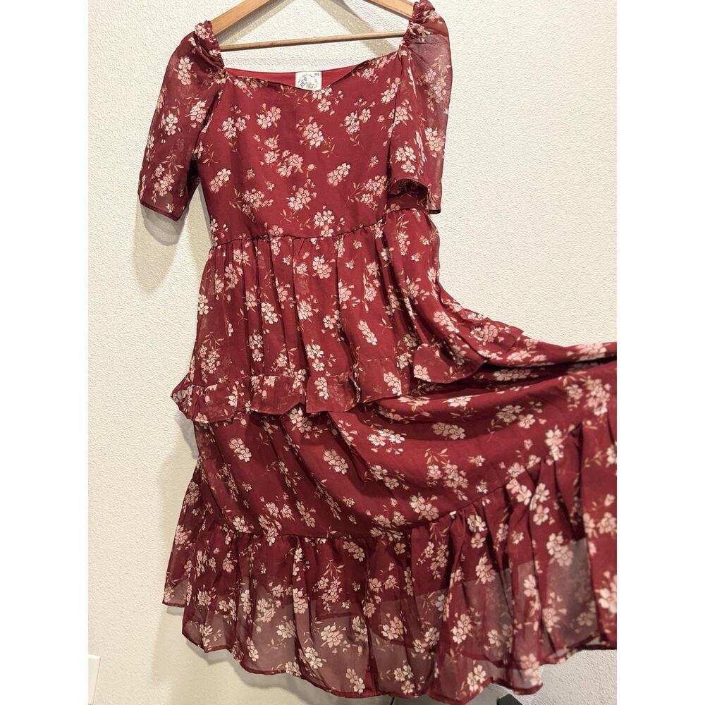 Yellow Bell Floral Dress XXL Burgundy Cottagecore Boho Tie Waist Midi